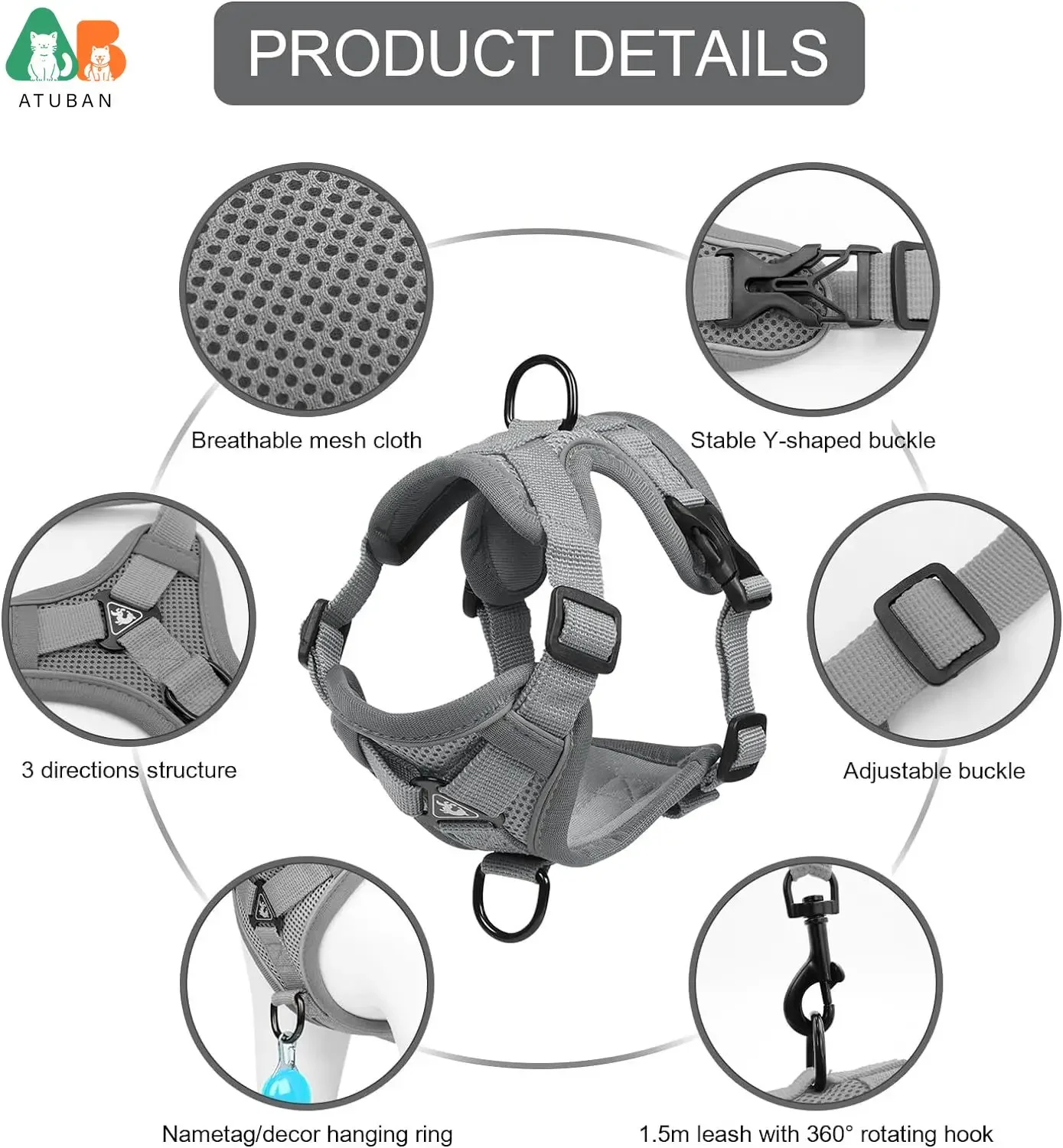 Juego de arnés y correa para gato, chaleco ajustable a prueba de Escape mejorado para caminar al aire libre, tiras reflectantes para Noche Oscura - imagen 3