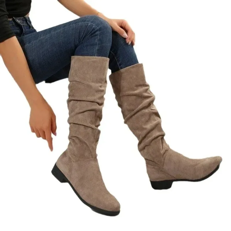 Botas occidentales sin cordones de talla grande para mujer, botas de moda de tacón plano de Color sólido con cabeza redonda de tubo alto, Material de terciopelo, invierno cómodo - imagen 5