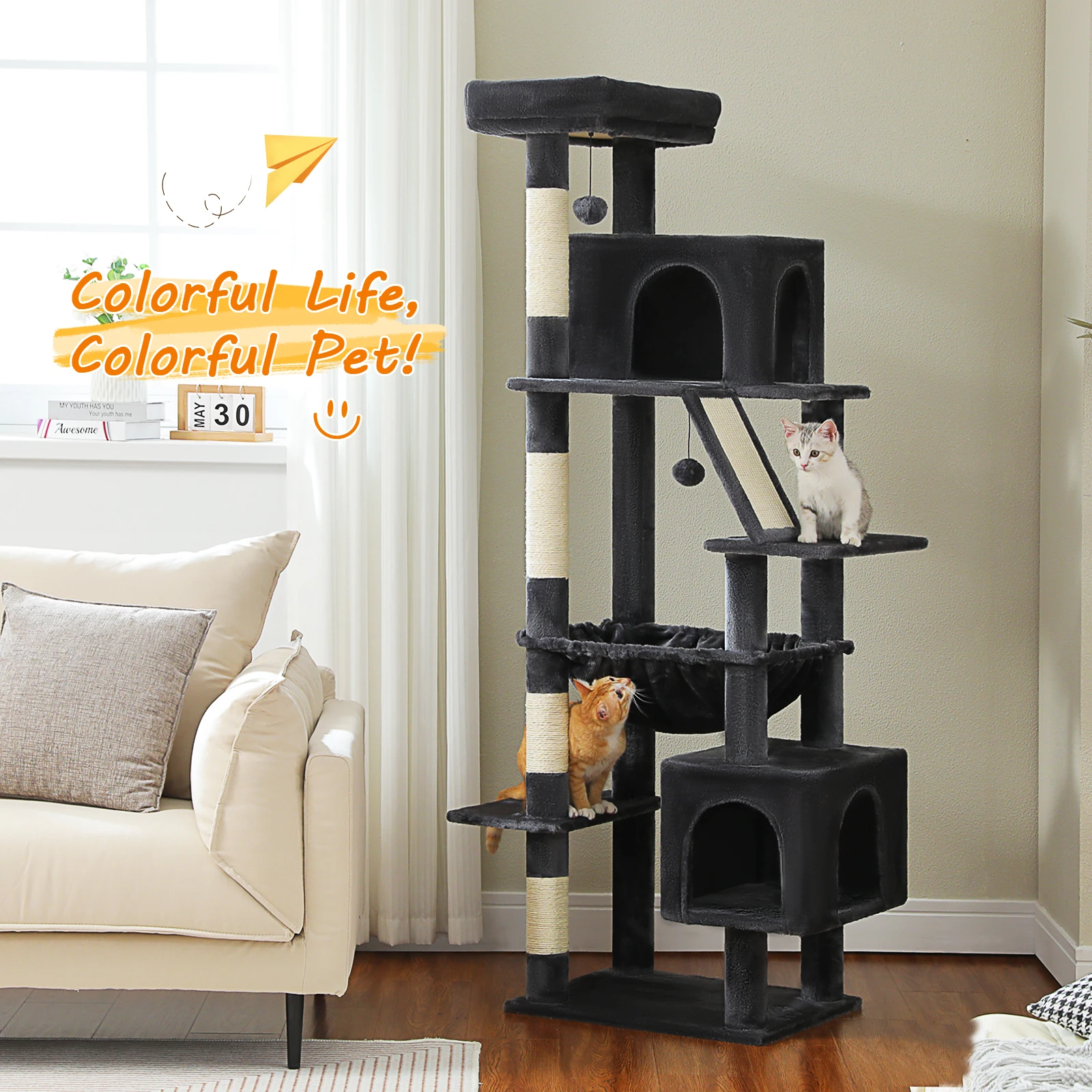 Árbol para gatos de varios niveles con 2 acogedores condominios, poste rascador de sisal, hamaca grande, torre de gato alta de lujo para gatos grandes, rascadora para gato, cama casa para gatos, juguetes para gatos - imagen 3