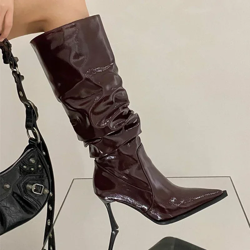 Botas altas de cuero para Mujer, zapatos sexis de tacón alto con punta puntiaguda, Botas Chelsea de fiesta a la moda para Mujer, Botas de nieve nuevas para Mujer