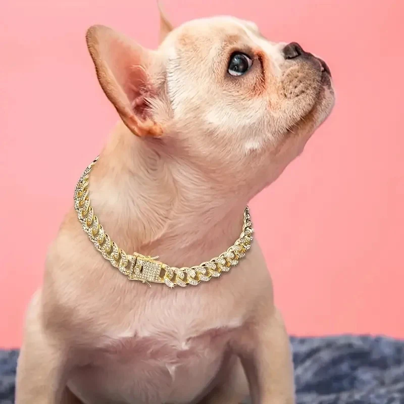 Collar de cadena de perro de oro de lujo, Collar de estrangulación de eslabones de cadena cubana para perros pequeños, medianos y grandes, Collar para mascotas, joyería, accesorios de cristal - imagen 5