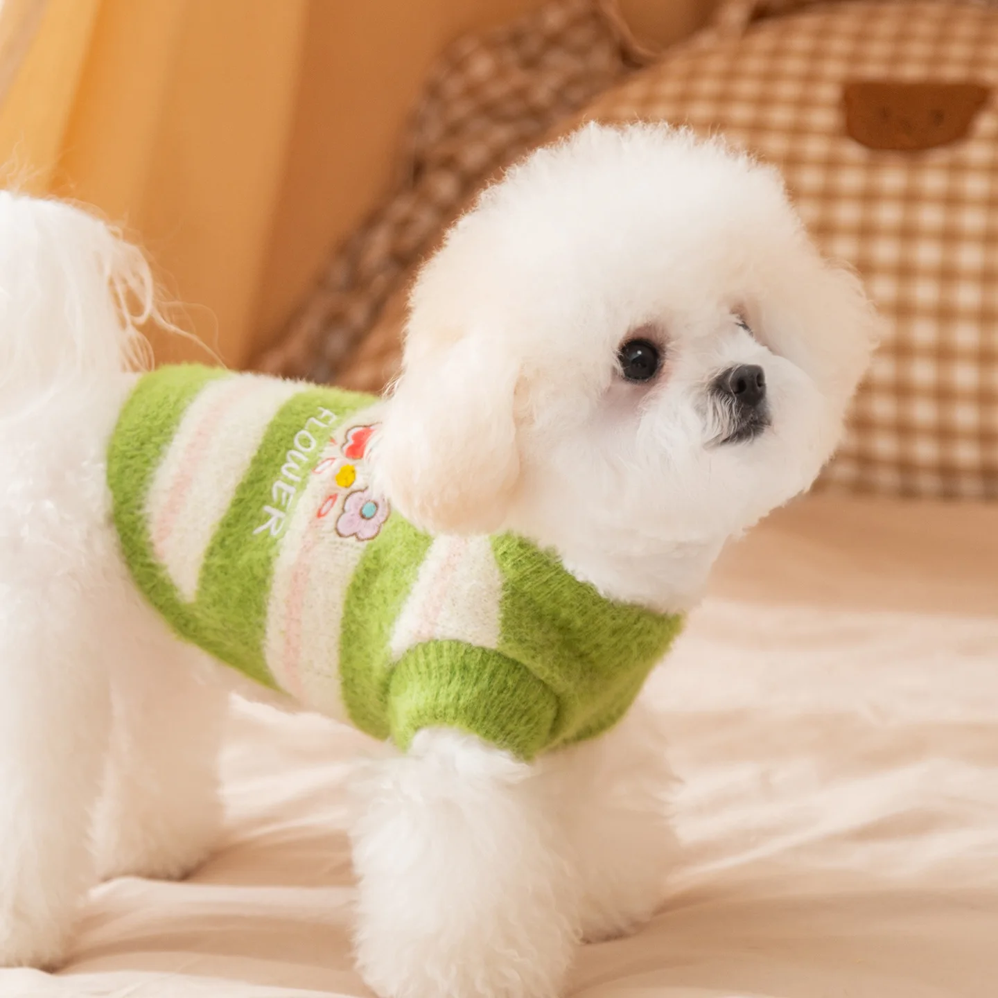 Suéter a rayas para mascotas de otoño e invierno, suéter de dos piernas con flores bordadas, abrigo para mascotas, ropa para perros y gatos, ropa para cachorros pequeños - imagen 3