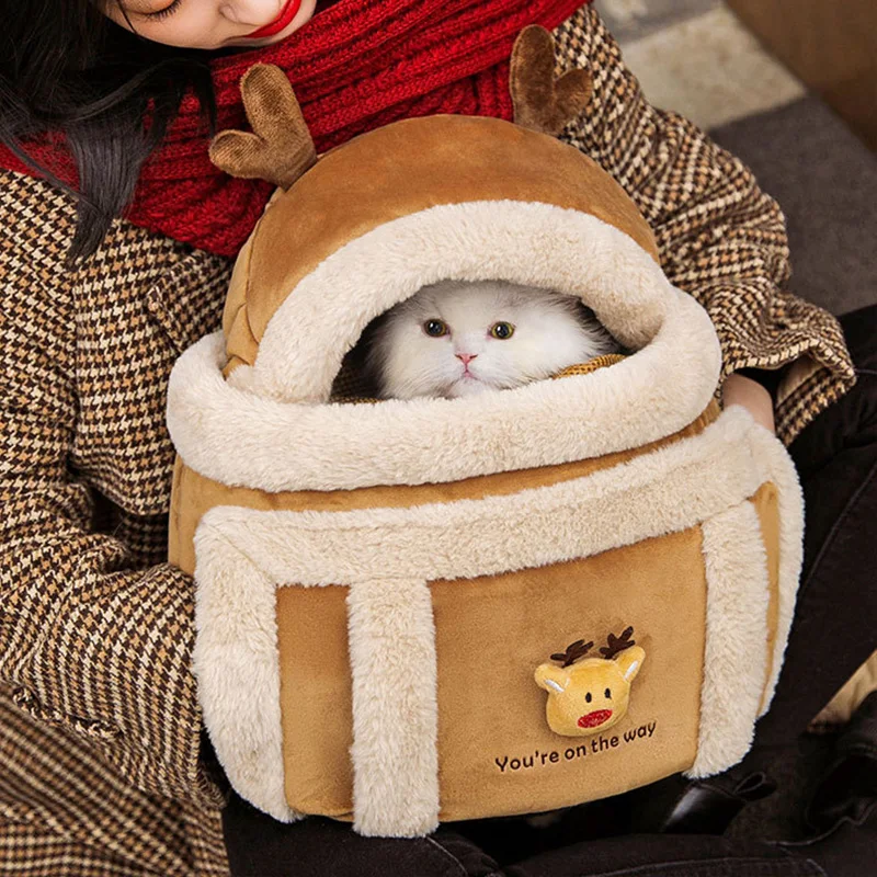 Bolsa de transporte para gatos cálida de invierno, mochila suave de felpa para mascotas, gatos, perros pequeños, bolsa de transporte para gatitos de Navidad, accesorios para gatos - imagen 2