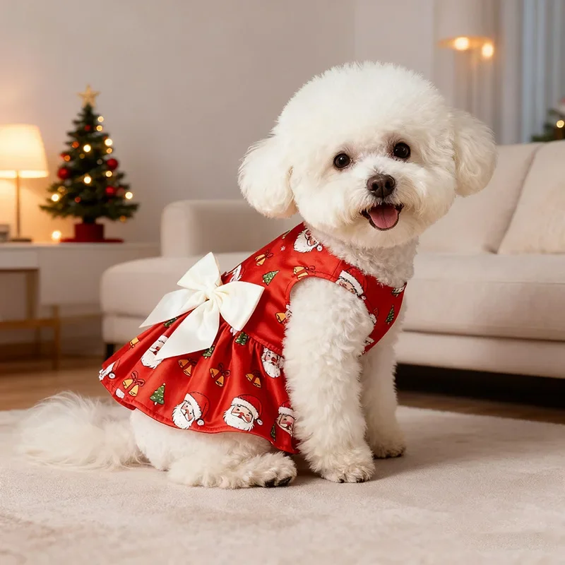 M-6XL para perros pequeños a grandes Vestido navideño para perros con lazo, falda festiva estampada para mascotas, traje ligero para vacaciones, tallas - imagen 4