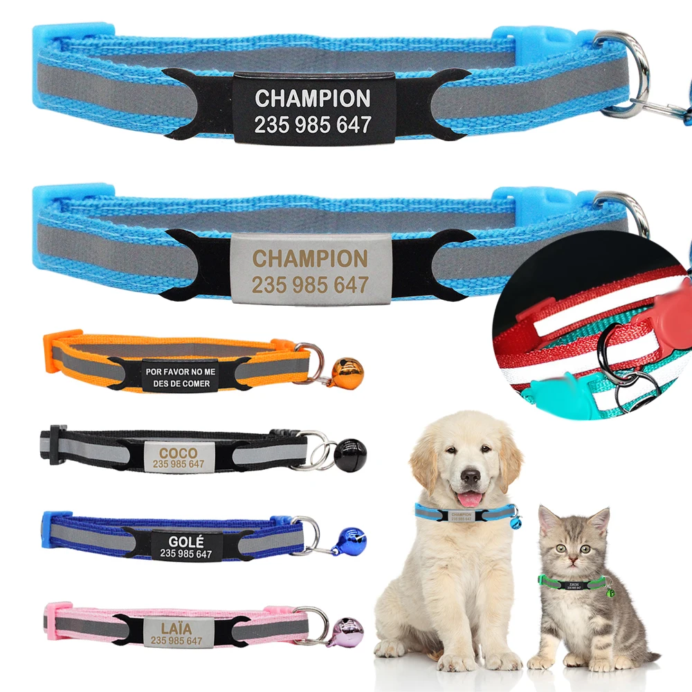 Collar de perro personalizado con etiqueta de identificación, Collar reflectante, placa de identificación reemplazable para cachorro, grabado personalizado, suministros ajustables para perros pequeños