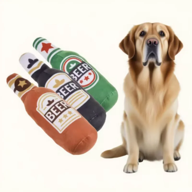 Juguete para masticar para perros de peluche con forma de botella de cerveza, suministros interactivos chirriantes resistentes a mordeduras para mascotas, limpieza de dientes para perros pequeños y grandes