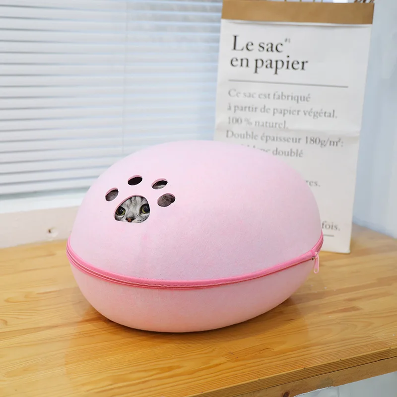 Cama para gatos, casa de fieltro Artificial para gatos, saco de dormir con cojín nido, cáscara de huevo, cueva para mascotas semicerrada transpirable desmontable
