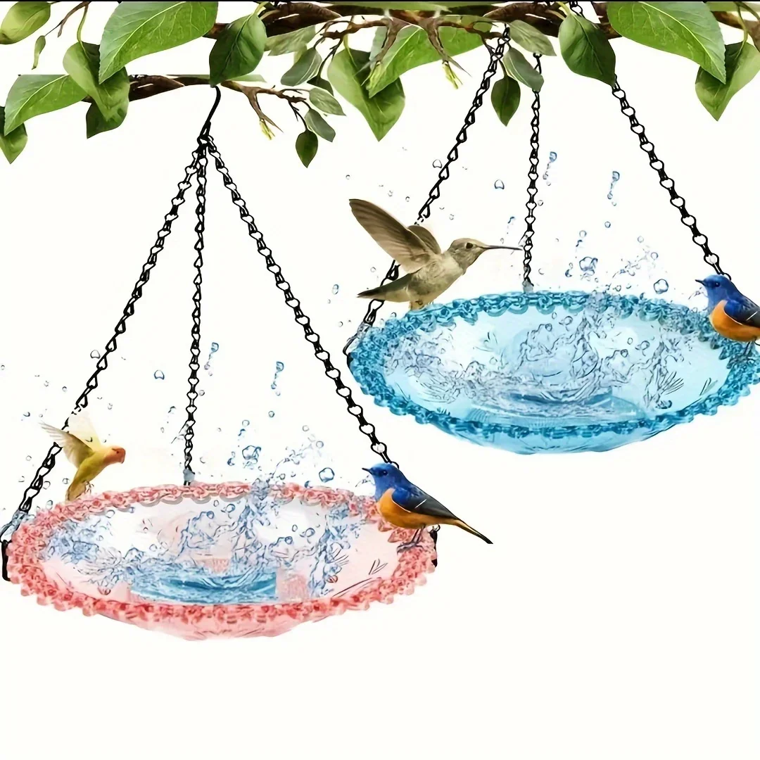 Juego de comedero para baño de pájaros colgante con cadena, decoración para Patio y jardín al aire libre, diseño Floral PP, plato de agua para pájaros, herramienta para comedero de pájaros
