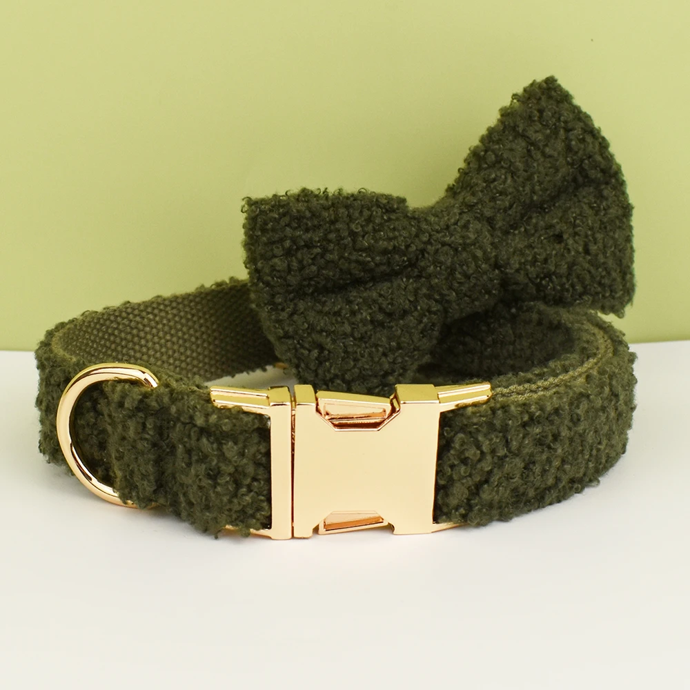 Collar para perro mascota Collar hecho a mano Suministros para perros accesorios tejidos Otoño Invierno Navidad conjunto Ejército verde cordero terciopelo Teddy 02 - imagen 2