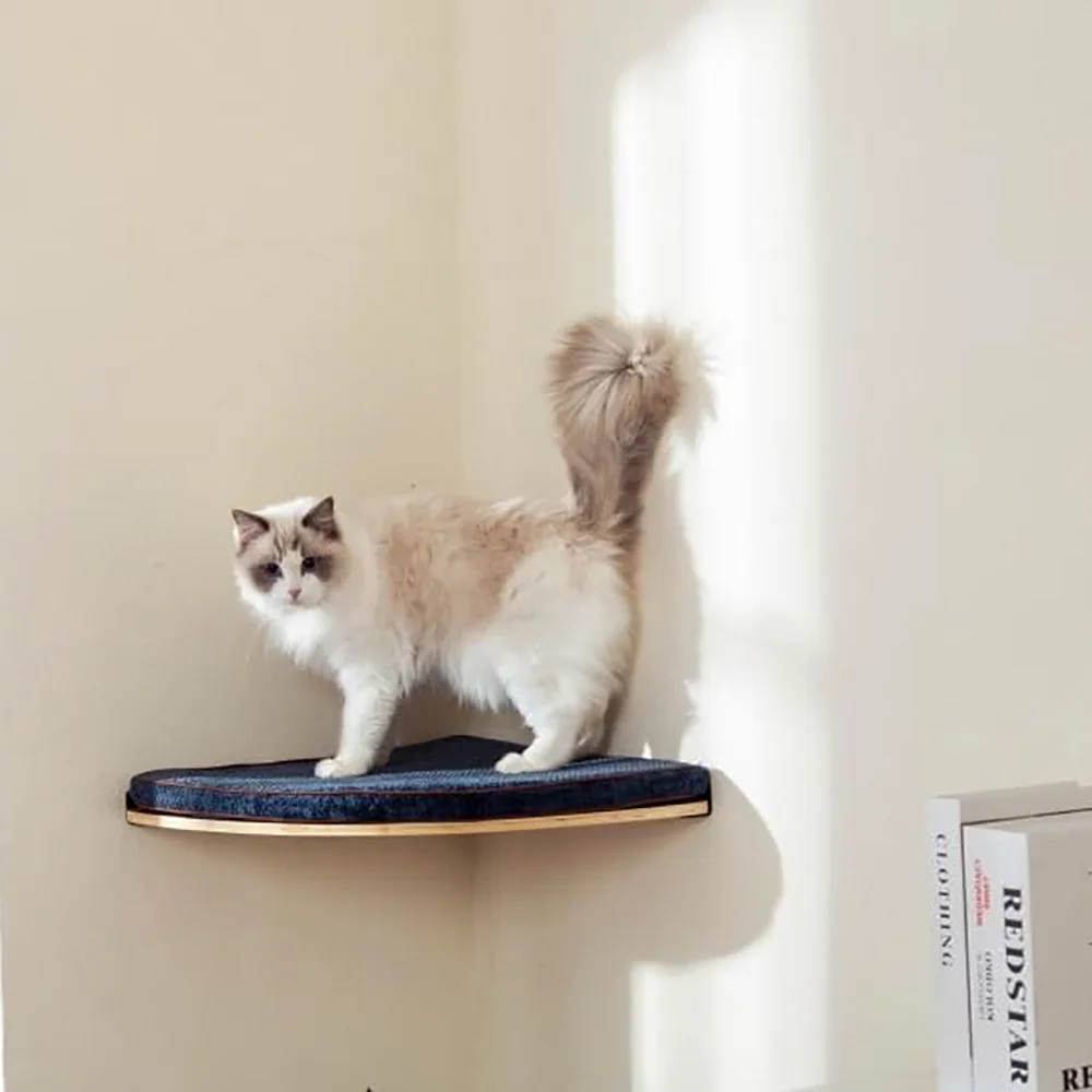 Estantes de madera para árbol de gato montados en la pared, postes rascadores, torre para gatos trepadora, hamaca con perchas flotantes sólidas, escalones y escalera - imagen 4