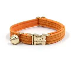 Collar de gato personalizado placa pana naranja ajustable con campana