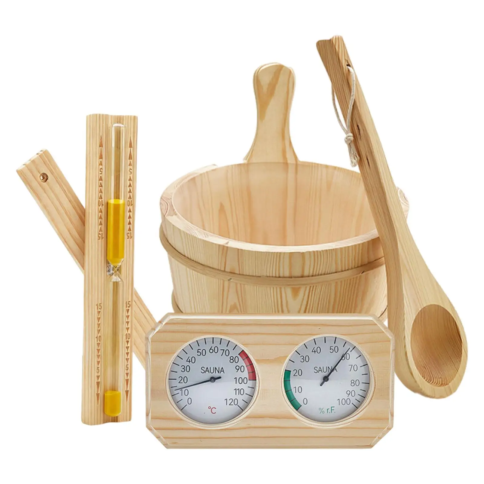 Sauna Accessories Set,4L Sturdy Gifts Multifunctionlal Thermometer Hygrometer Hourglass Sand Timer Ladle for Home Bathroom SPA