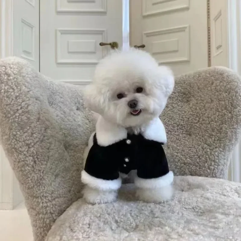 Abrigo de perro de felpa de Color sólido, ropa de perro, cuello de solapa, diseño de perros pequeños, ropa de cachorro dulce Kawaii, ropa cálida de invierno - imagen 2