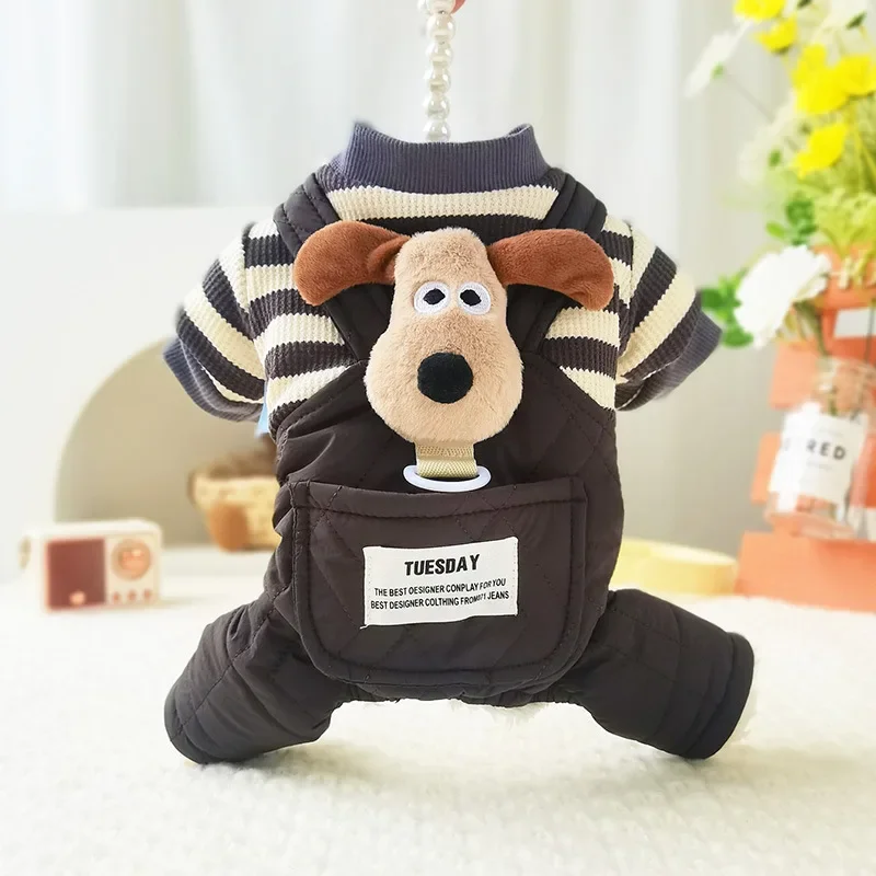 Otoño e Invierno monos con bolsillos grandes a rayas conjunto de invierno de doble capa mono para perro pantalones de cuatro patas pijamas ropa para cachorros - imagen 2
