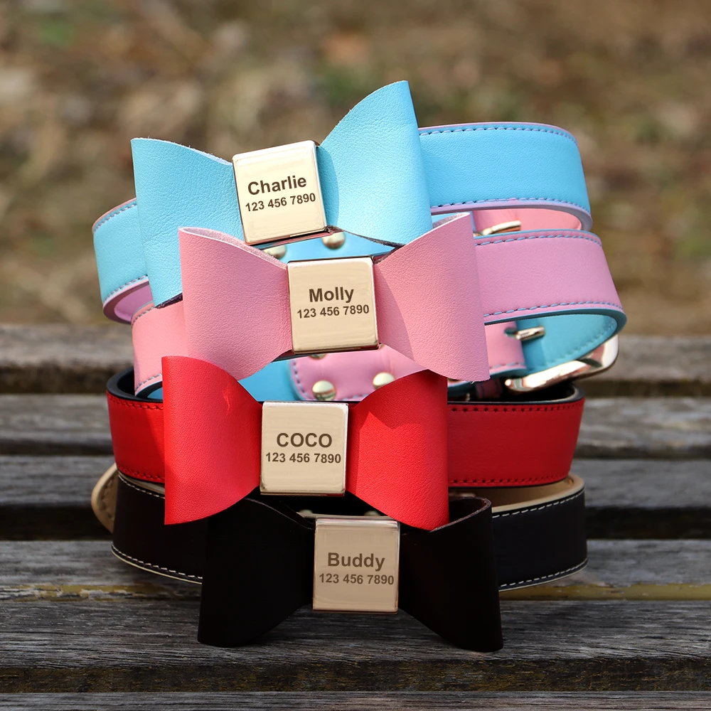 Collar de perro de cuero PU personalizado, collares para mascotas con lazo suave, nombre grabado, Collar para cachorro y gato, antipérdida para perros pequeños, medianos y grandes, Pug - imagen 3
