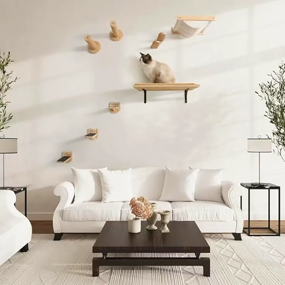 Escalera de muebles de madera para escalada montada en la pared para gatos con hamaca, plataforma para gatos y poste rascador para jugar y descansar con gatitos - imagen 4