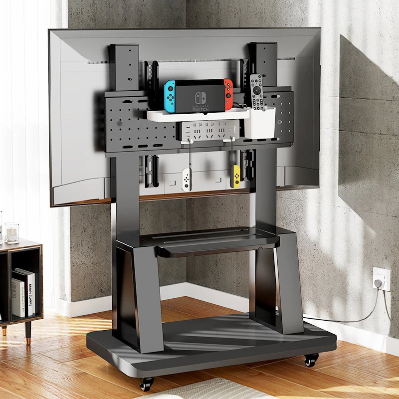 Carro de TV móvil ajustable: soporte resistente para pantallas de 32-65", estante de 2 niveles con tablero perforado, VESA 600x400, capacidad de 50 kg - imagen 2