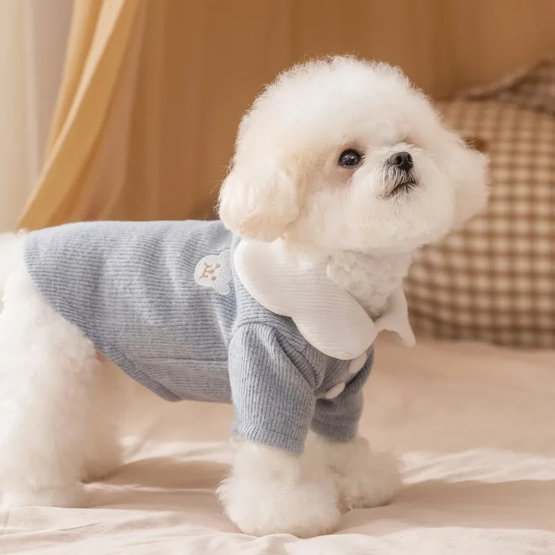 Ropa de invierno para mascotas, camisa con botones bonitos, ropa cálida de dos patas para chaleco para perros pequeños, ropa bordada con oso de dibujos animados para perros - imagen 2