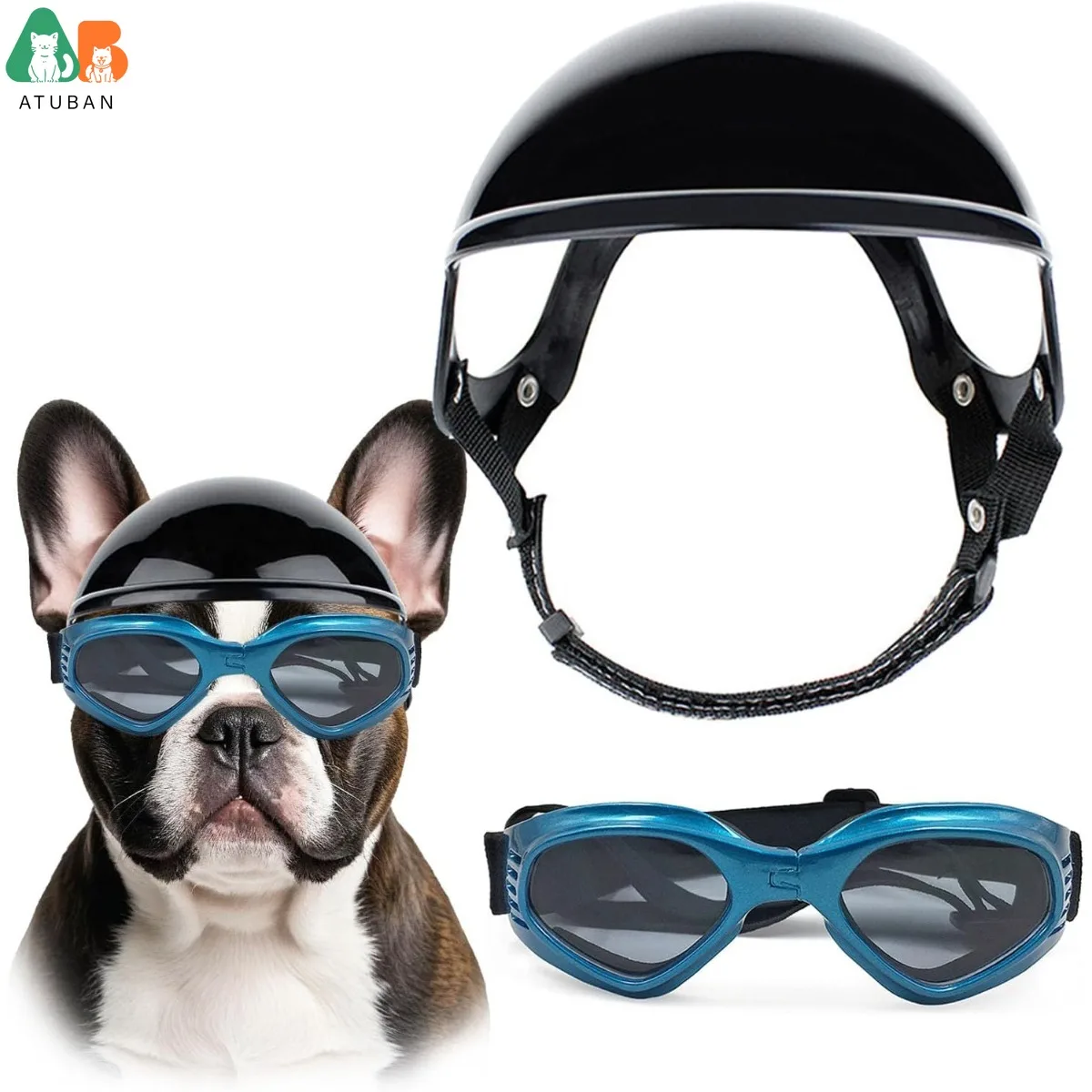 ATUBAN Juego de casco y gafas de sol para perros pequeños a medianos, gafas plegables para mascotas con correa elástica ajustable, azul