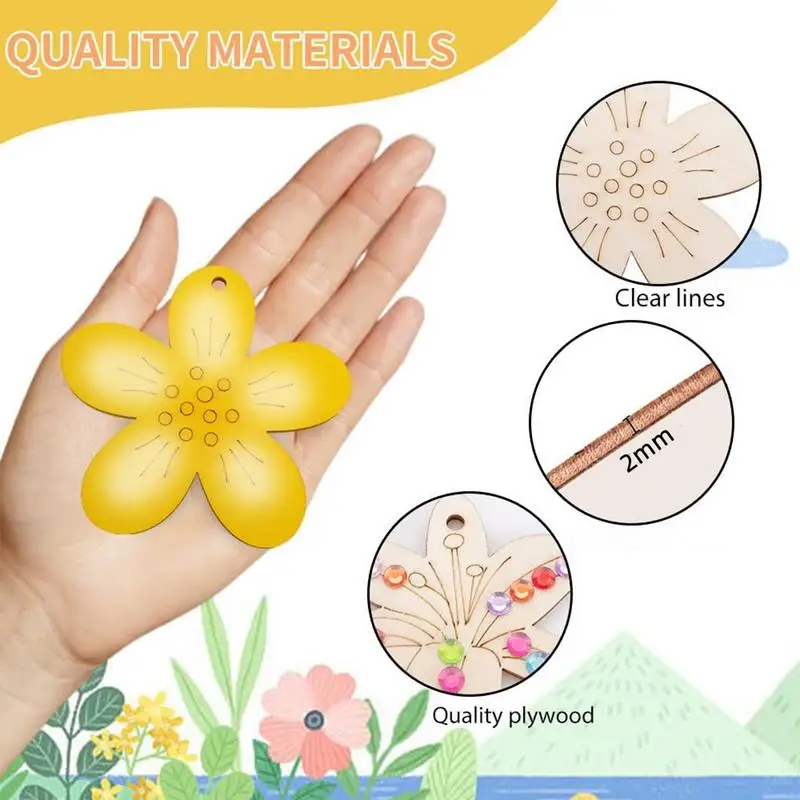 Artesanías de pintura de madera para niños, adornos de flores de madera sin terminar, rebanadas de madera, adornos de flores, etiquetas de pintura con 60 piezas - imagen 3