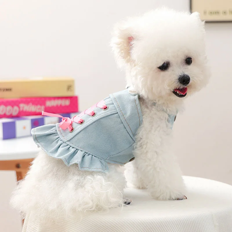 Ropa de lujo para perros, vestidos de tirantes vaqueros para niñas, color azul claro, para perros pequeños, Yorkie, Chihuahua, disfraz para mascotas, cachorro, vestido femenino, falda XS - imagen 4