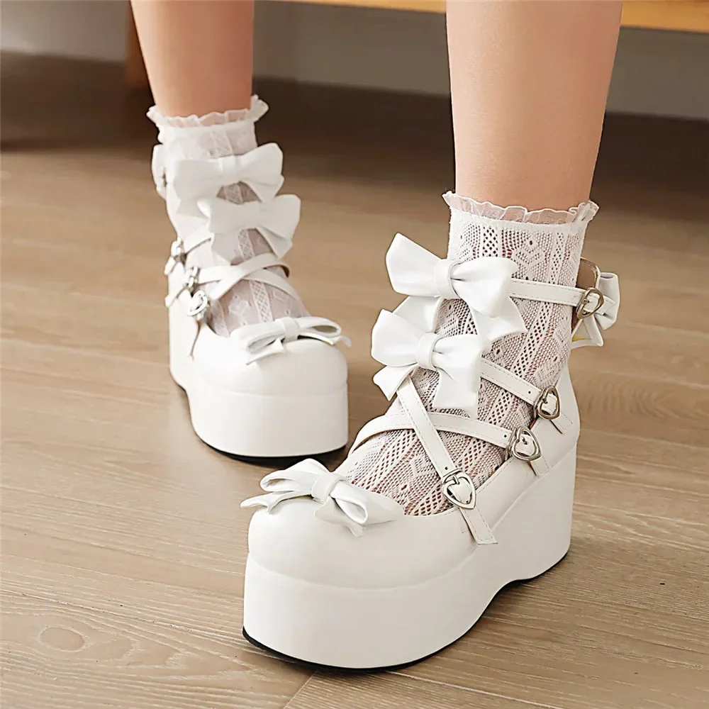 Cuñas con hebilla de corazón para mujer, lazo rosa, correa cruzada, plataforma gruesa, Lolita, Punk, gótico, Cosplay, nuevo - imagen 2