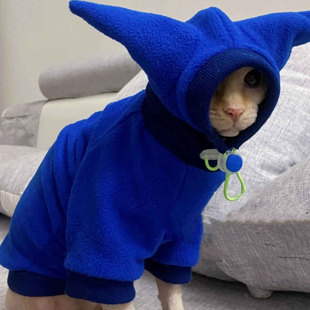 Sudadera de vellón de invierno Traje de sombrero para Sphynx Cat Cálido Moda Azul Rosa Abrigo para gatitos Primavera Chaqueta gruesa suave para Devon Rex - imagen 2