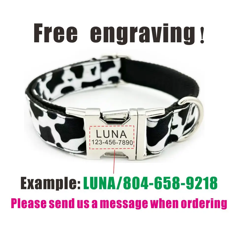 Collar de mascota con patrón de vaca personalizado, etiqueta de identificación de cachorro, ajustable, accesorio para gato, negro, blanco, básico, Correa - imagen 4