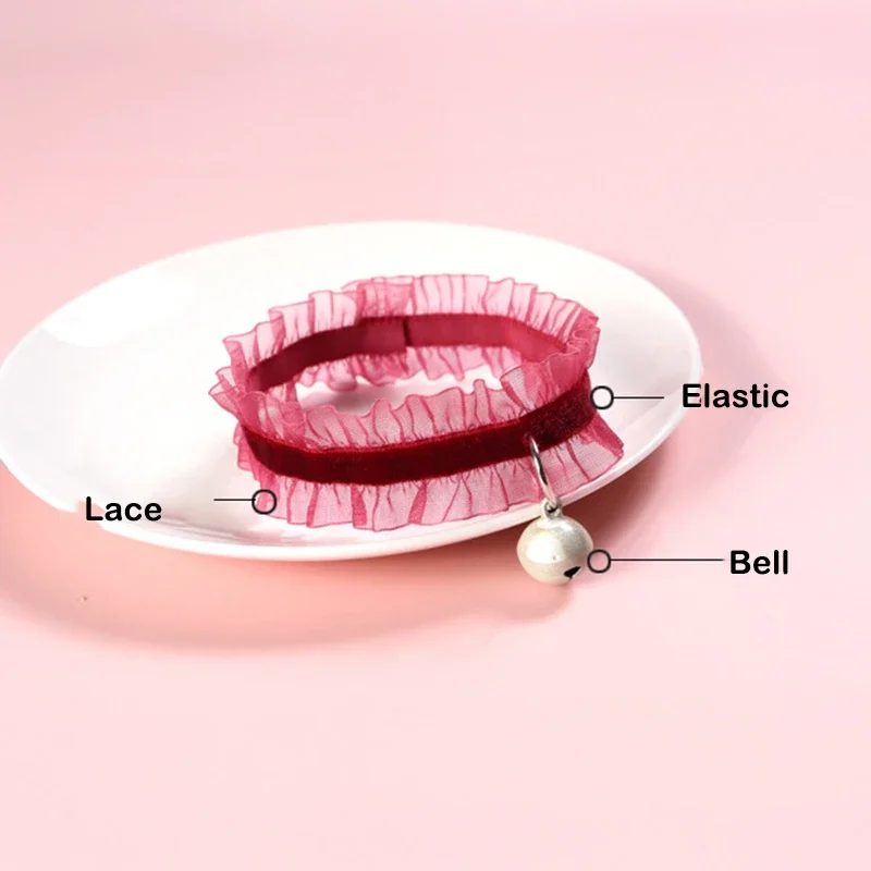 Collar elástico de encaje de terciopelo para mascotas y gatos con campana, Collar de conejo Chihuahua, pajarita, cascabeles para perros y cachorros, accesorios para gatos - imagen 2