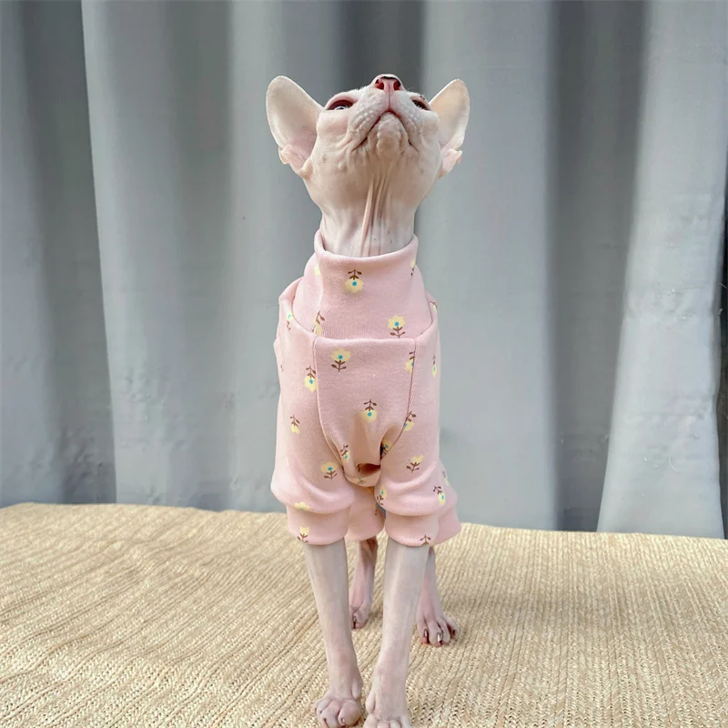 Gato sin pelo Camiseta interior de algodón de cuello alto Mono suave de dibujos animados para gato Sphynx Primavera Otoño Beige Rosa Azul Abrigo para gatitos - imagen 3