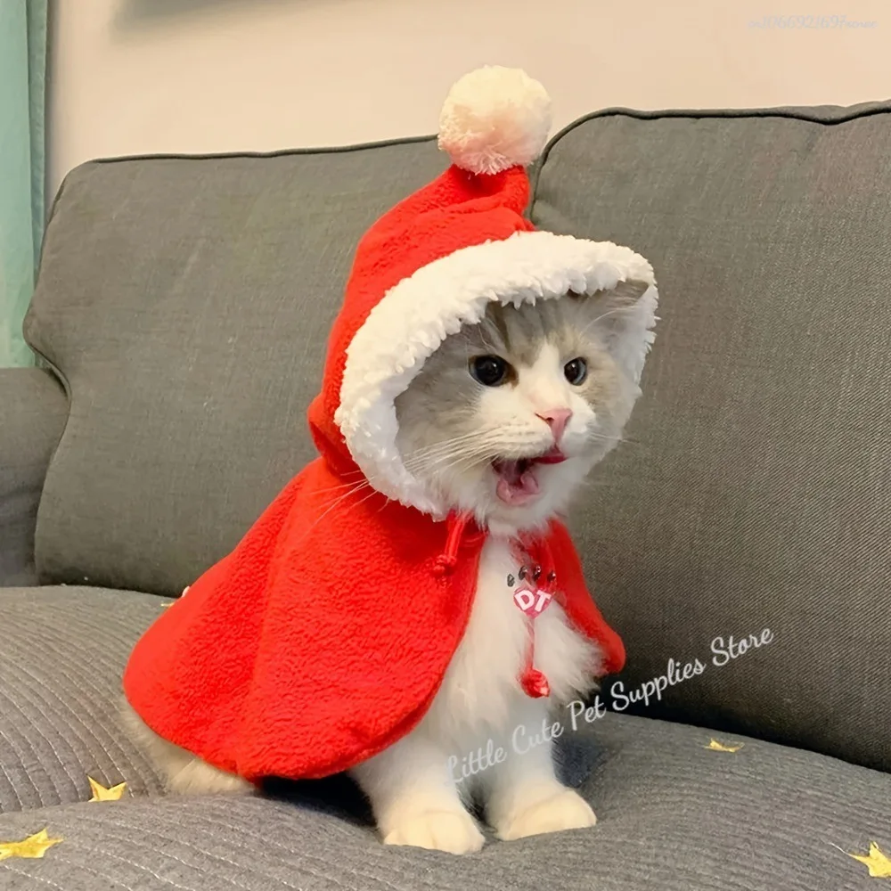 Christmas Cat Costume Santa Cosplay Pet Christmas Cape Dress Up Clothes Warm Red Scarf Cloak with Hat Pet Accessories