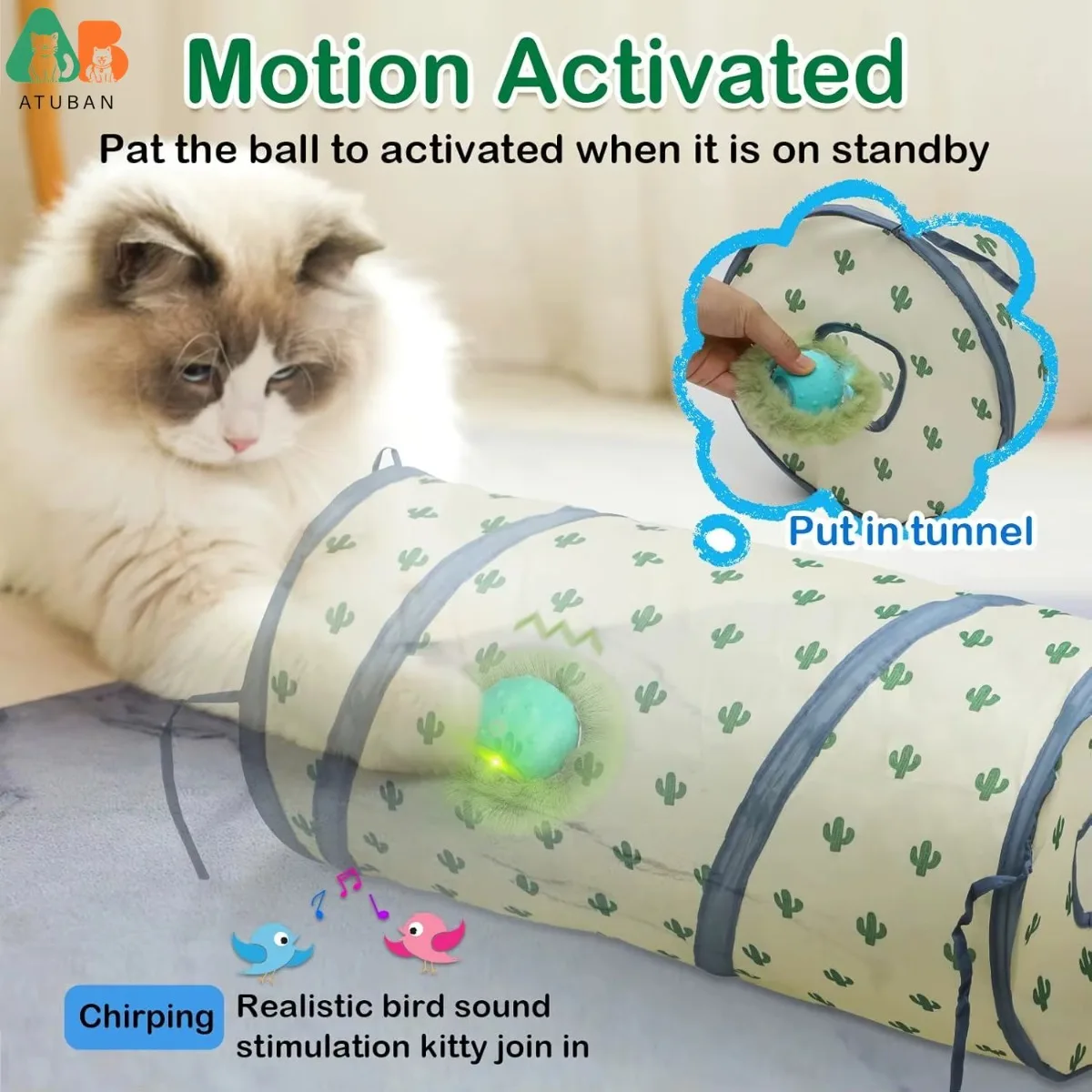 Juguetes interactivos para gatos, pelota para gatos de interior, túnel rodante rápido, juguete para gatos activado por movimiento, juguete para atrapar ratones ocultos - imagen 2