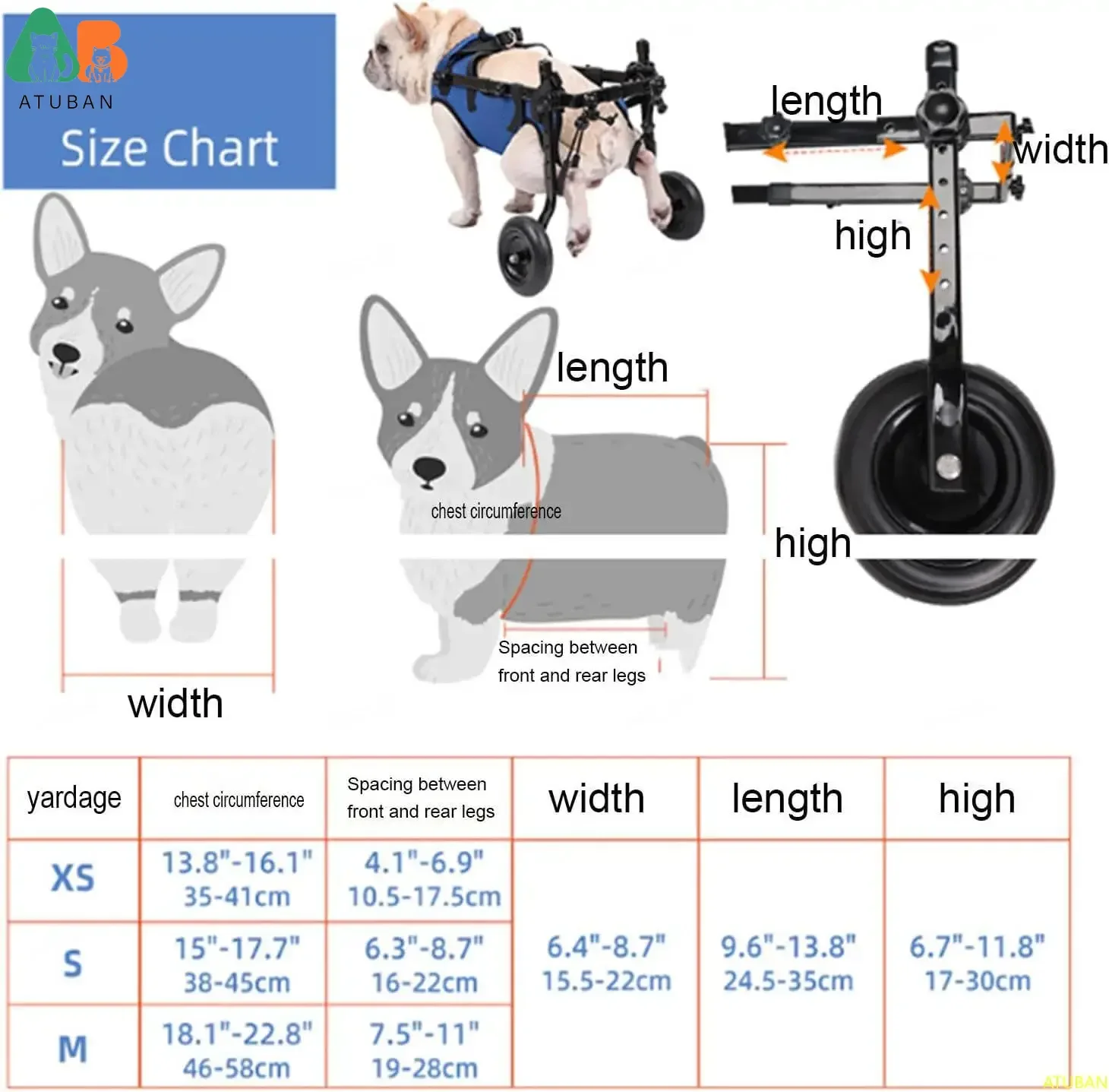 ATUBAN Silla de ruedas para perros y gatos, carrito ajustable para mascotas con ruedas para patas traseras, soporte para perros y soporte para cadera, para recuperar la movilidad - imagen 2