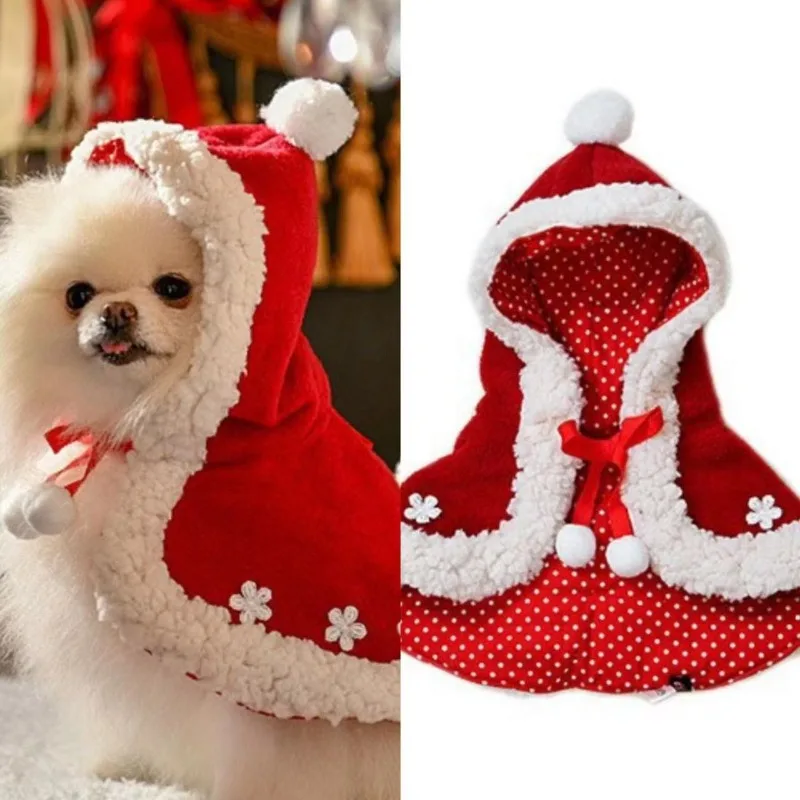 Capa con capucha para perro y gato, abrigo de lana de cordero, ropa con lazo, diseño de fiesta, bonito, navidad - imagen 3