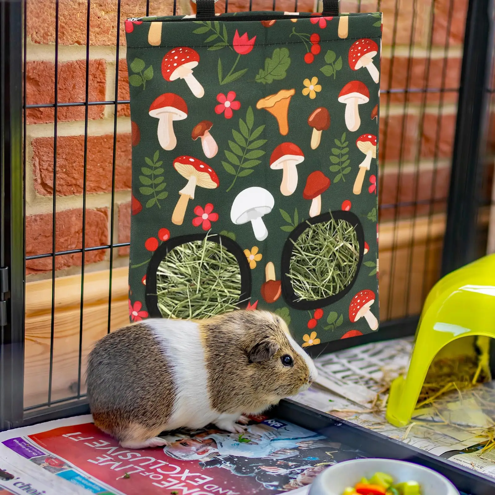 Bolsa de heno para conejos, alimentador de hierba seca colgante con 2 agujeros para conejillo de indias, Chinchillas, ratas, bolsa de almacenamiento de alimentos para animales pequeños