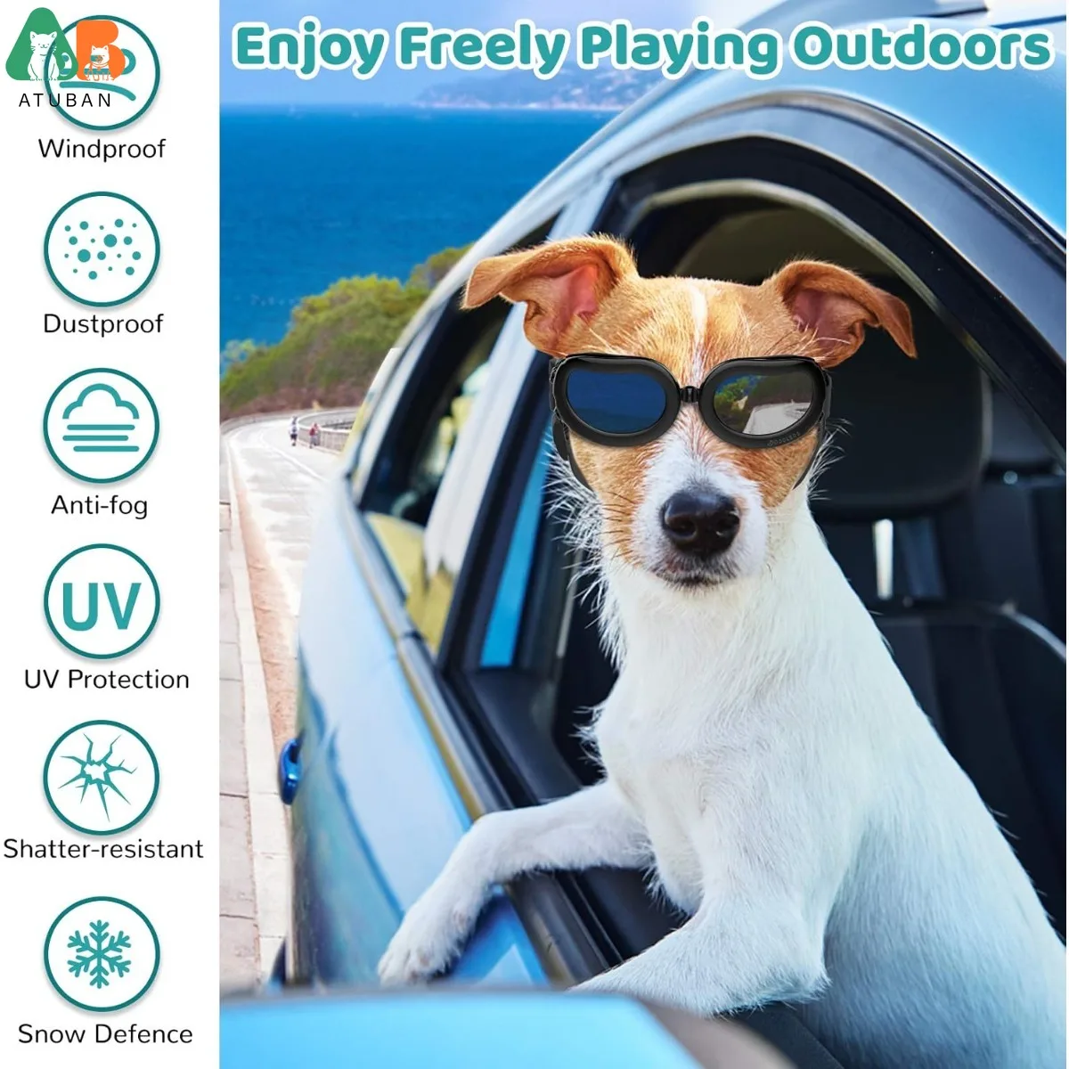 ATUBAN Gafas de sol para perros, gafas para perros pequeños con banda ajustable, gafas frescas impermeables a prueba de viento y nieve para cachorros y gatos, negro - imagen 4