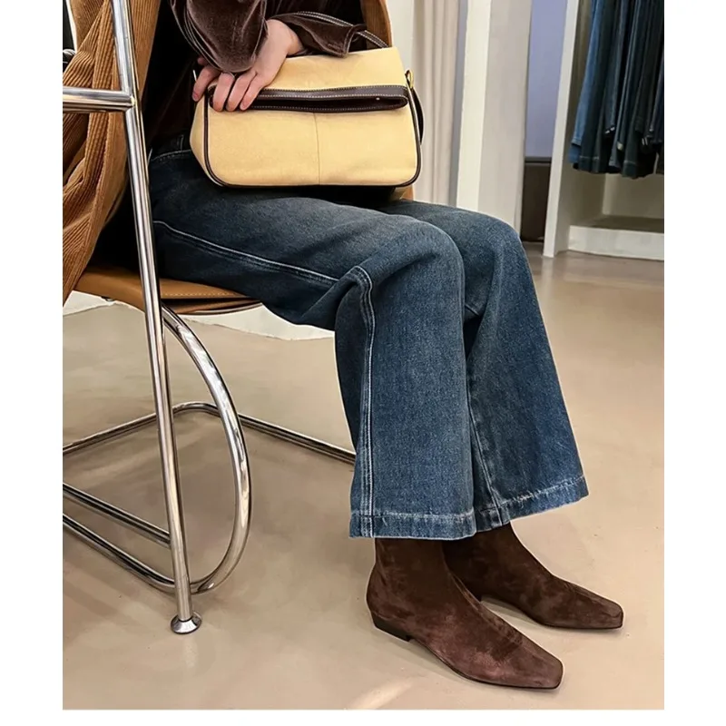 Botines cortos de felpa de invierno para mujer, botines cortos con punta cuadrada a la moda, botines Largas elegantes de tacón bajo para mujer - imagen 3