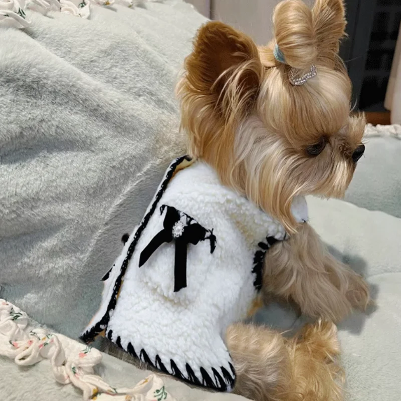 Abrigo de lujo para perros con lazo blanco y negro, ropa para mascotas, chaqueta para perros, disfraz para perros y niñas, ropa para Chihuahua, Yorkie, otoño, invierno - imagen 5