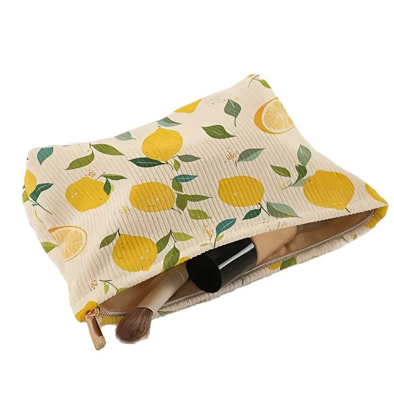 Bolsa de maquillaje con cremallera de pana con estampado floral de diseño minimalista, bolsa de almacenamiento de cosméticos ligera y multifuncional - imagen 5