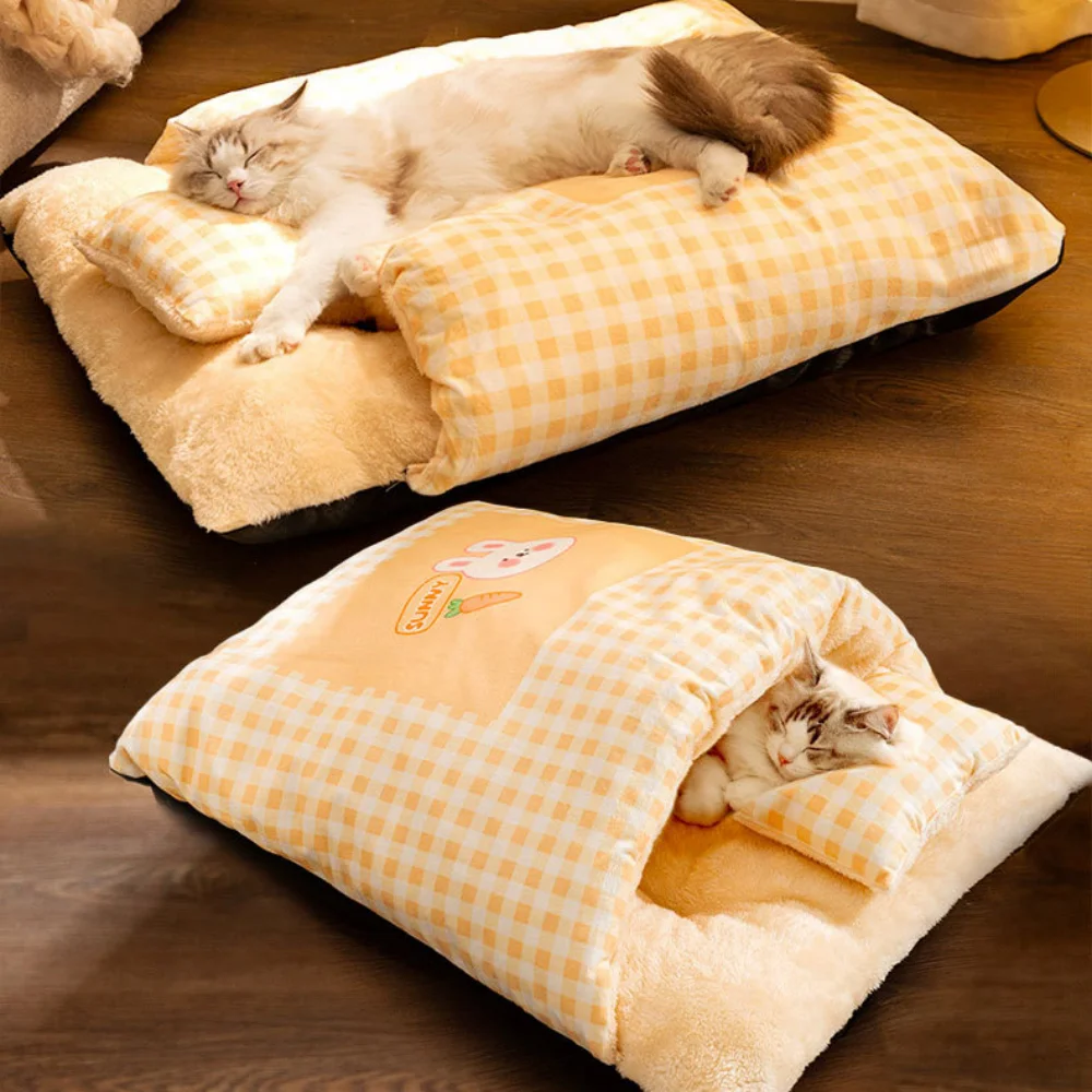 Cama cálida semicerrada para gatos, saco de dormir extraíble para mascotas, cama para perros, cojín nido para gatos con almohada, cojín para perros y gatos, suministros para gatos - imagen 5