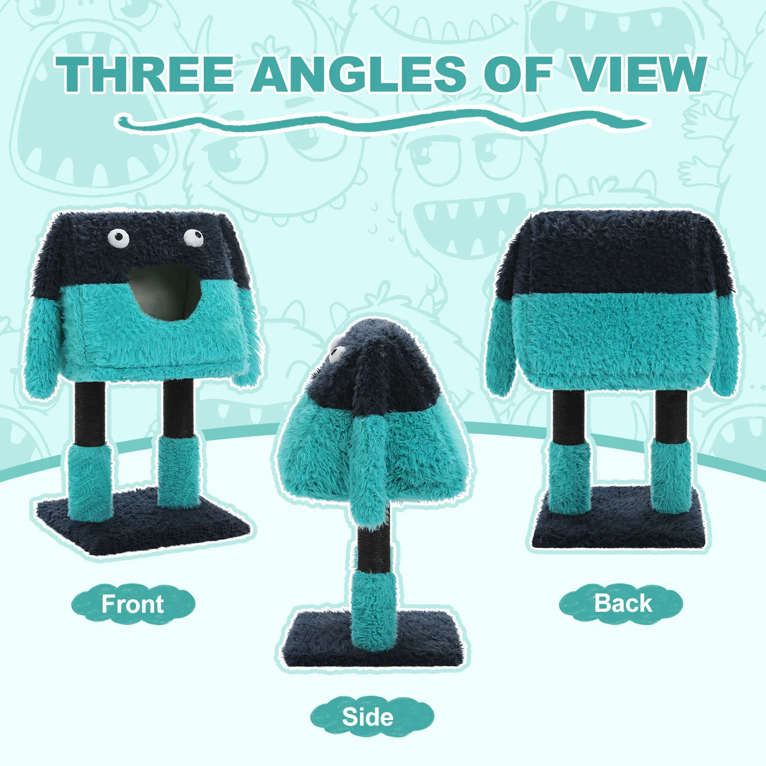 Torre de árbol para gatos serie Monster, modelado de felpa con forma bonita con gato grande, patas envueltas en Sisal, Bas sólido, orejas y ojos divertidos - imagen 5