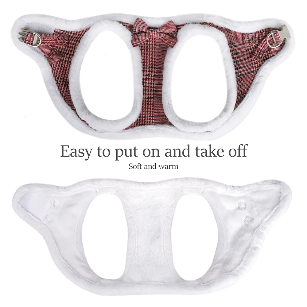 Arnés de perro cálido para invierno, conjunto de correa, arnés acolchado de piel suave para perro, chaleco sin tirones, arnés ajustable para mascotas con correa de plomo, bonito lazo - imagen 5