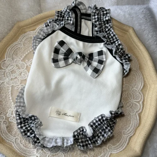 Chaleco con arnés para perros y gatos de encaje para perros pequeños, caniche, Pomerania, ropa para mascotas de algodón Bichon en negro, blanco y gris - imagen 2