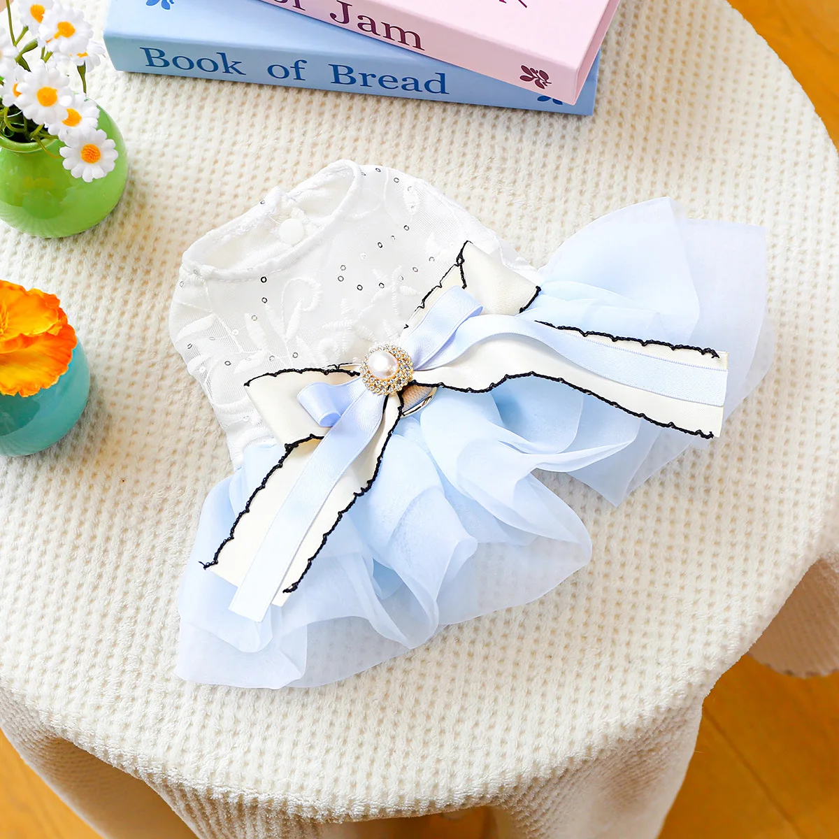 Vestido con lazo de primavera para mascotas, ropa para perros, falda de hilo de Pony azul, vestidos para perros pequeños, ropa para cachorros, vestido pequeño - imagen 5