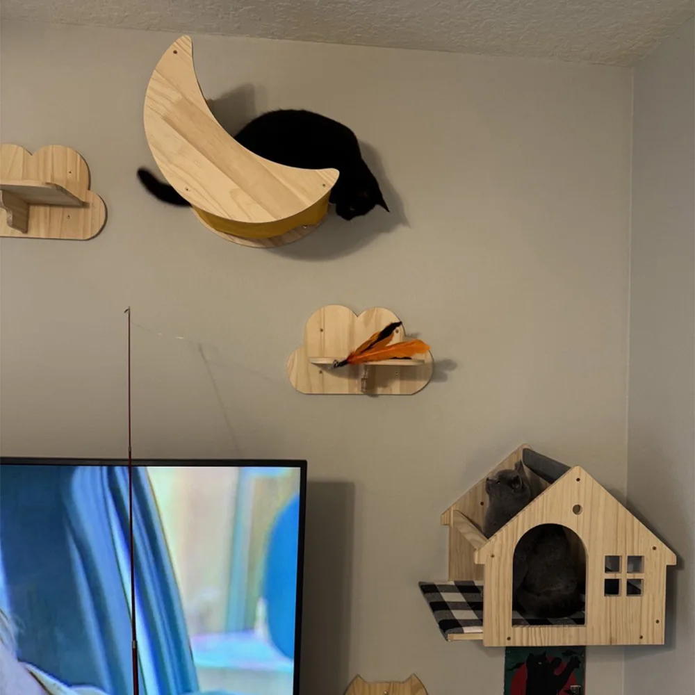 Centro de actividades de pared de madera para gatos, estantes flotantes, escalones para rascar, hamaca colgante y percha, muebles de pared para gatos para escalar y descansar - imagen 2