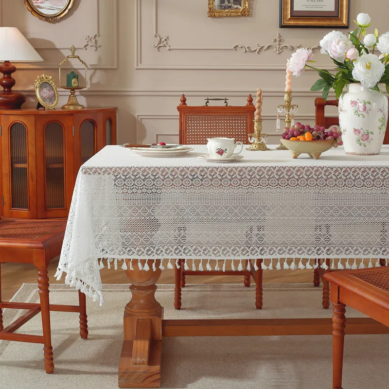 Mantel rectangular encaje blanco con flecos para mesa comedor festivo - imagen 3