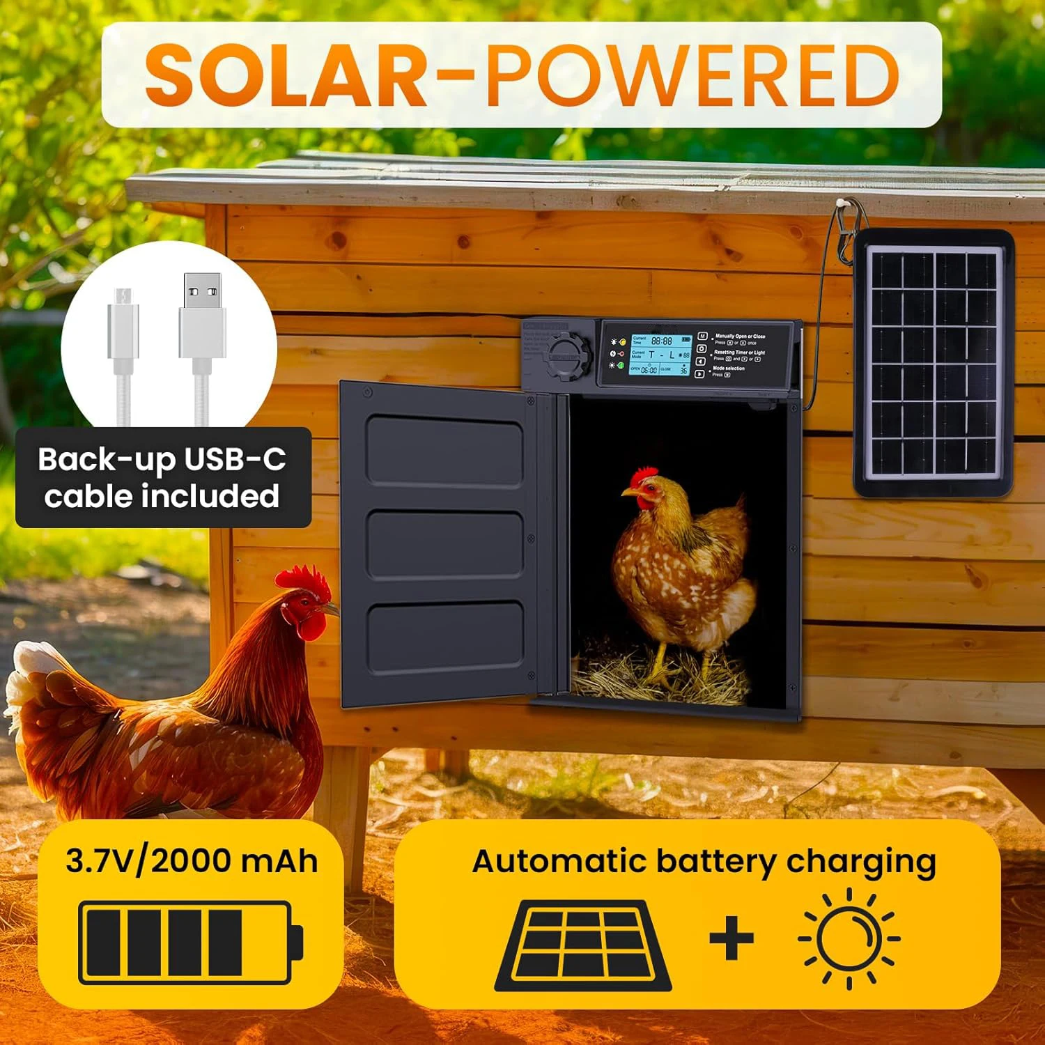 Puerta solar automática para gallinero exterior – Sensor luz antipellizco - imagen 2