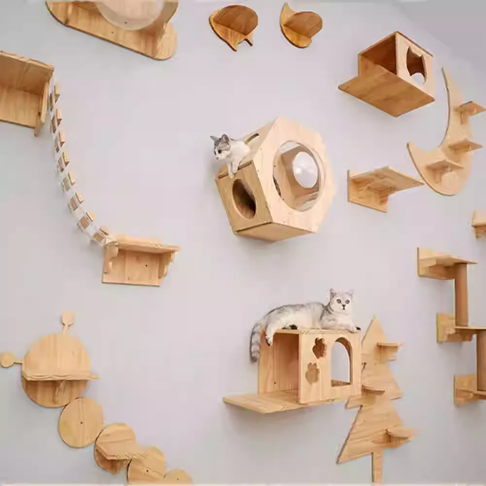 Árbol de madera para gatos, estantes de escalada montados en la pared para gatos, poste rascador, hamaca para gatos, marcos de casa y plataforma de salto, muebles para mascotas - imagen 4