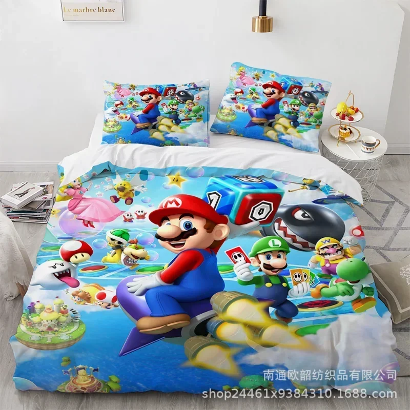 Funda nórdica con funda de almohada de Super Marios Bros, juego de cama con figura de Anime, juego de cama Kawaii, decoración de dormitorio, juego de cama - imagen 3