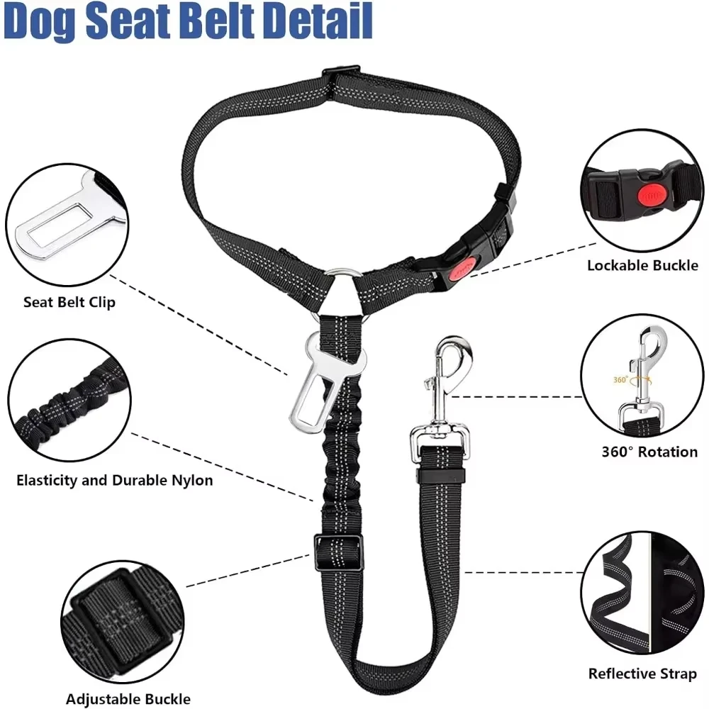 Cinturón de seguridad 2 en 1 para coche, reposacabezas, sujeción, reflectante ajustable, cinturón de seguridad para mascotas, Clip, hebilla, correa, perros grandes, medianos y pequeños - imagen 4